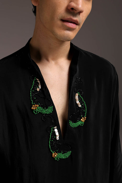 Ambi (Paisley) - Hand Embroidered Designer Kurta - Black