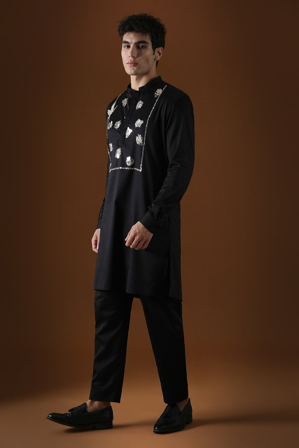 Egret Mirror Yoke Hand Embroidered Designer Kurta - Black