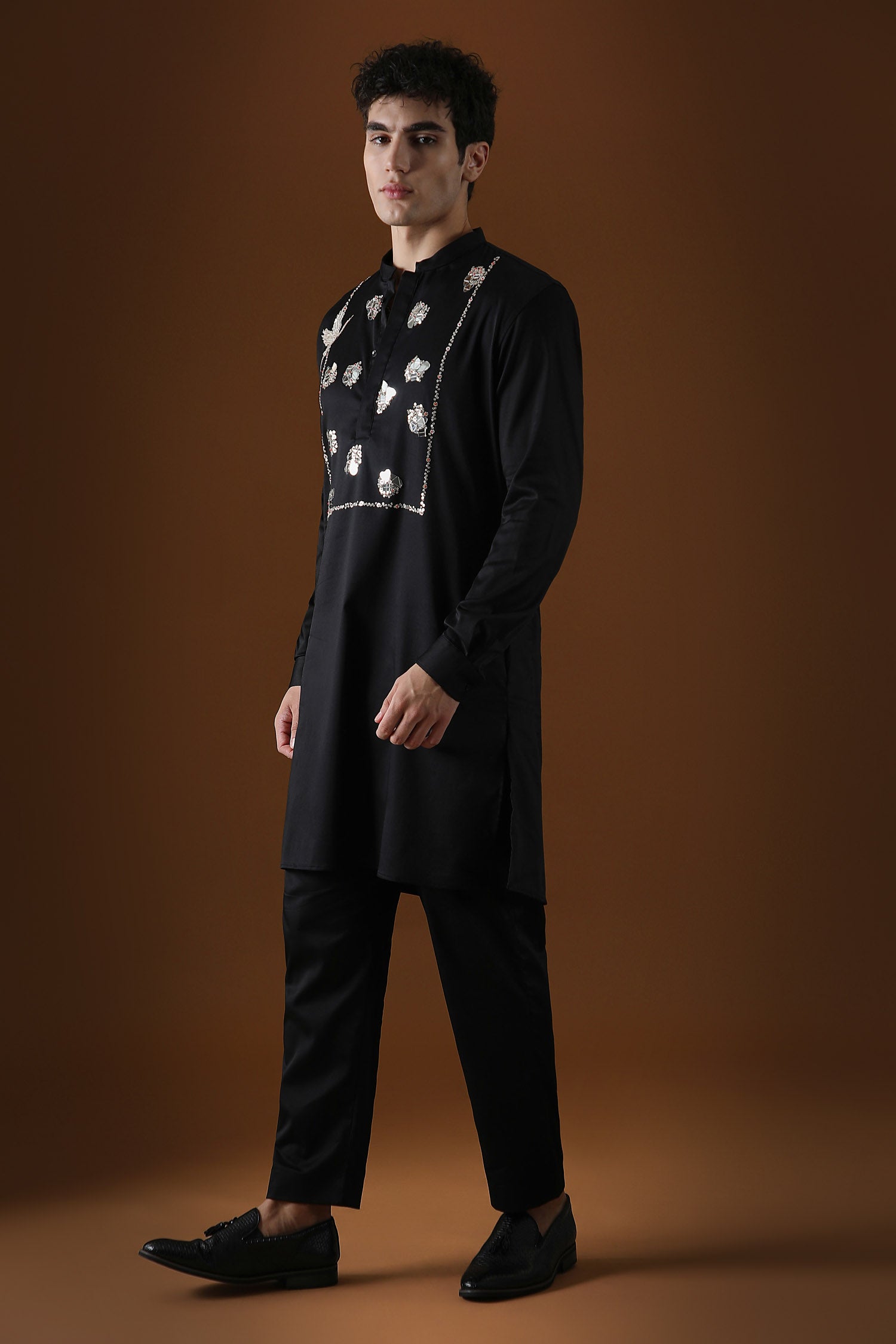 Egret Mirror Yoke Hand Embroidered Designer Kurta - Black