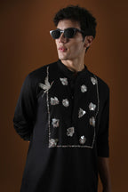Egret Mirror Yoke Hand Embroidered Designer Kurta - Black