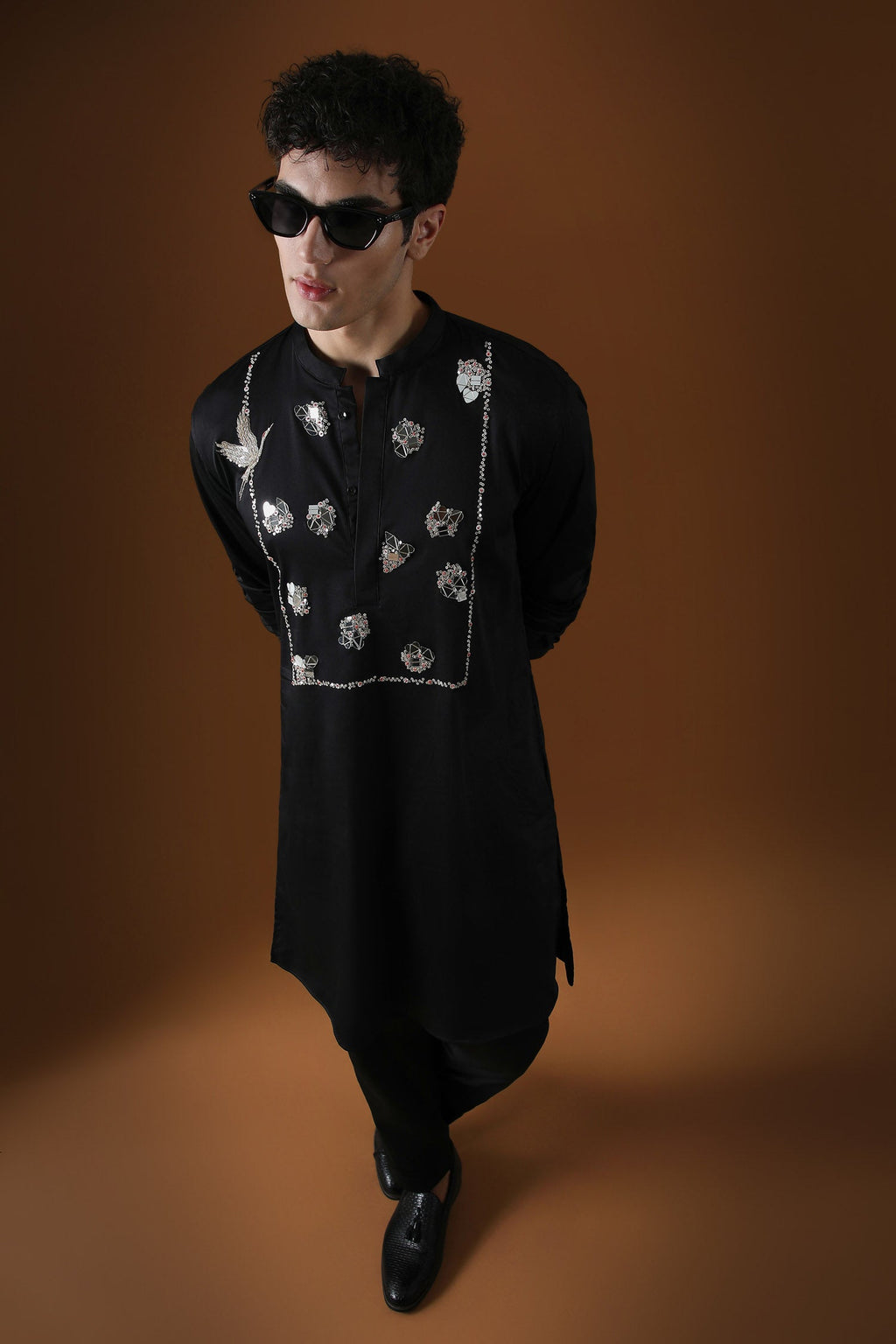 Egret Mirror Yoke Hand Embroidered Designer Kurta - Black