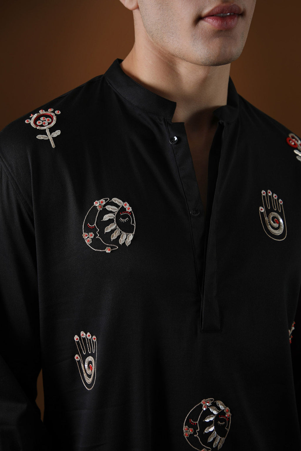 Hamsa Hand Embroidered Designer Kurta - Black