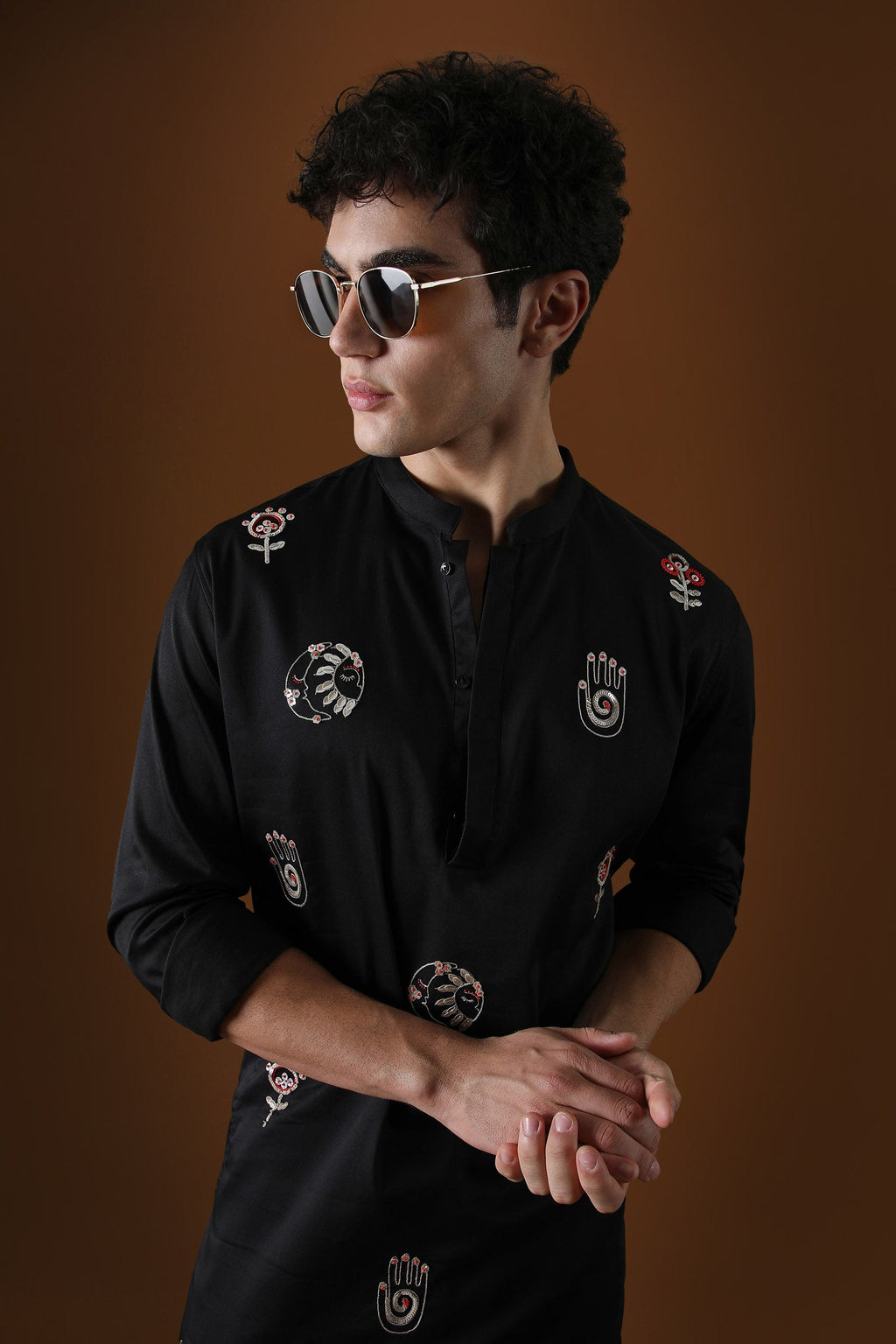 Hamsa Hand Embroidered Designer Kurta - Black
