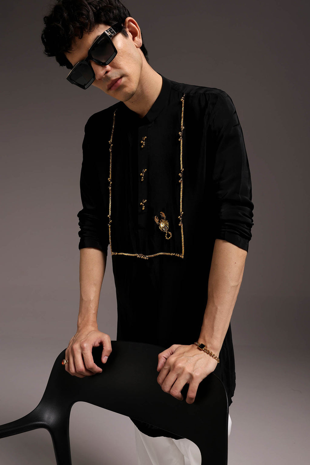 Jagged(Scorpion) - Hand Embroidered Designer Kurta - Black
