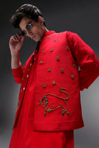 Cretan(Bull) - Hand Embroidered Designer Bundi With Kurta - Red