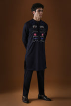 Oceanic Depth Hand Embroidered Designer Kurta - Navy