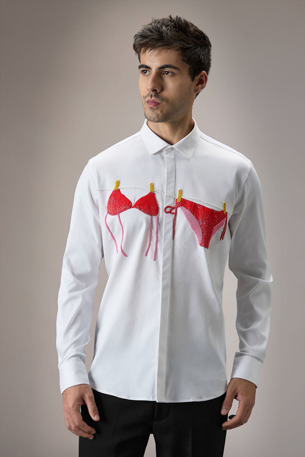 Bikini - Hand Embroidered Designer Shirt - White