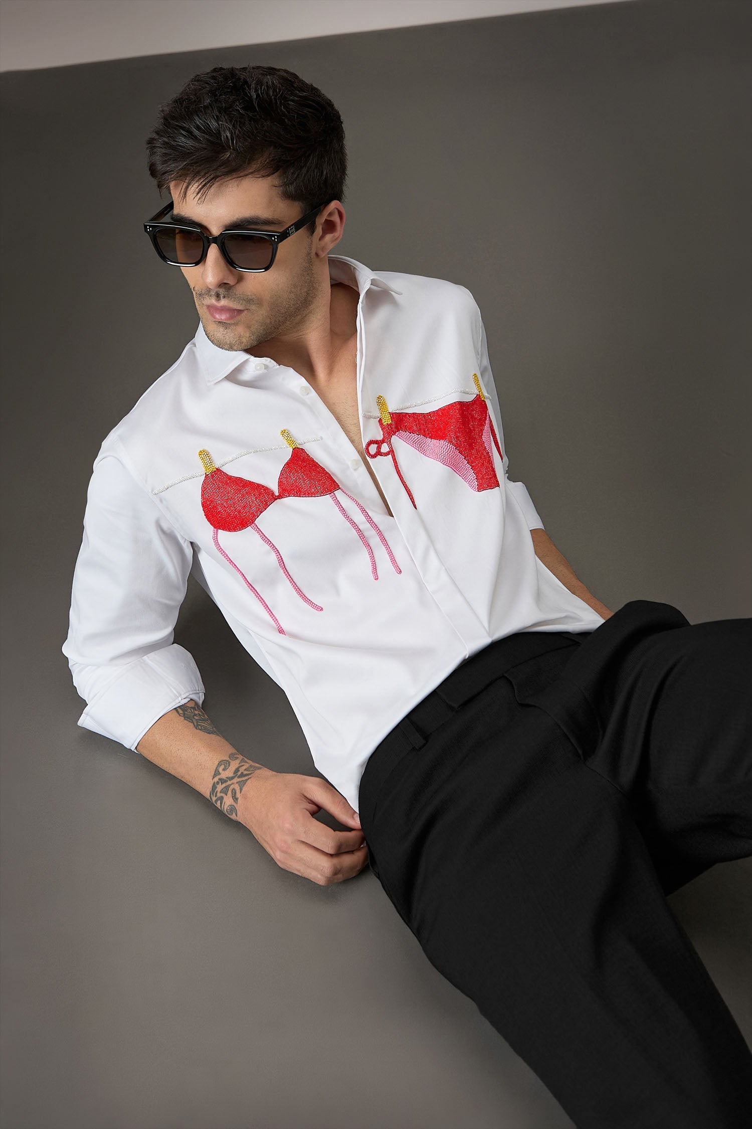 Bikini - Hand Embroidered Designer Shirt - White
