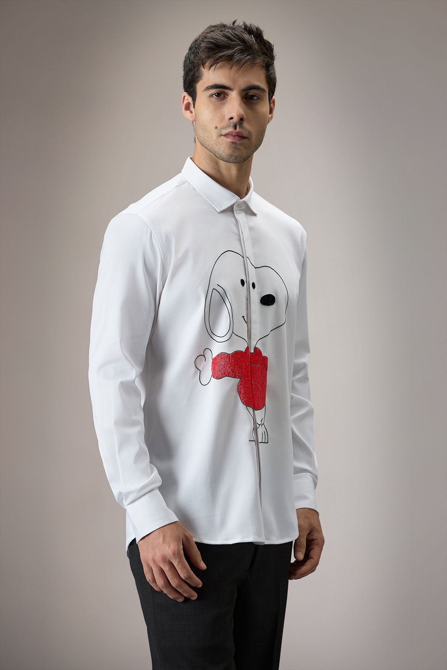 Snoopy Hand Embroidered Designer Shirt - White