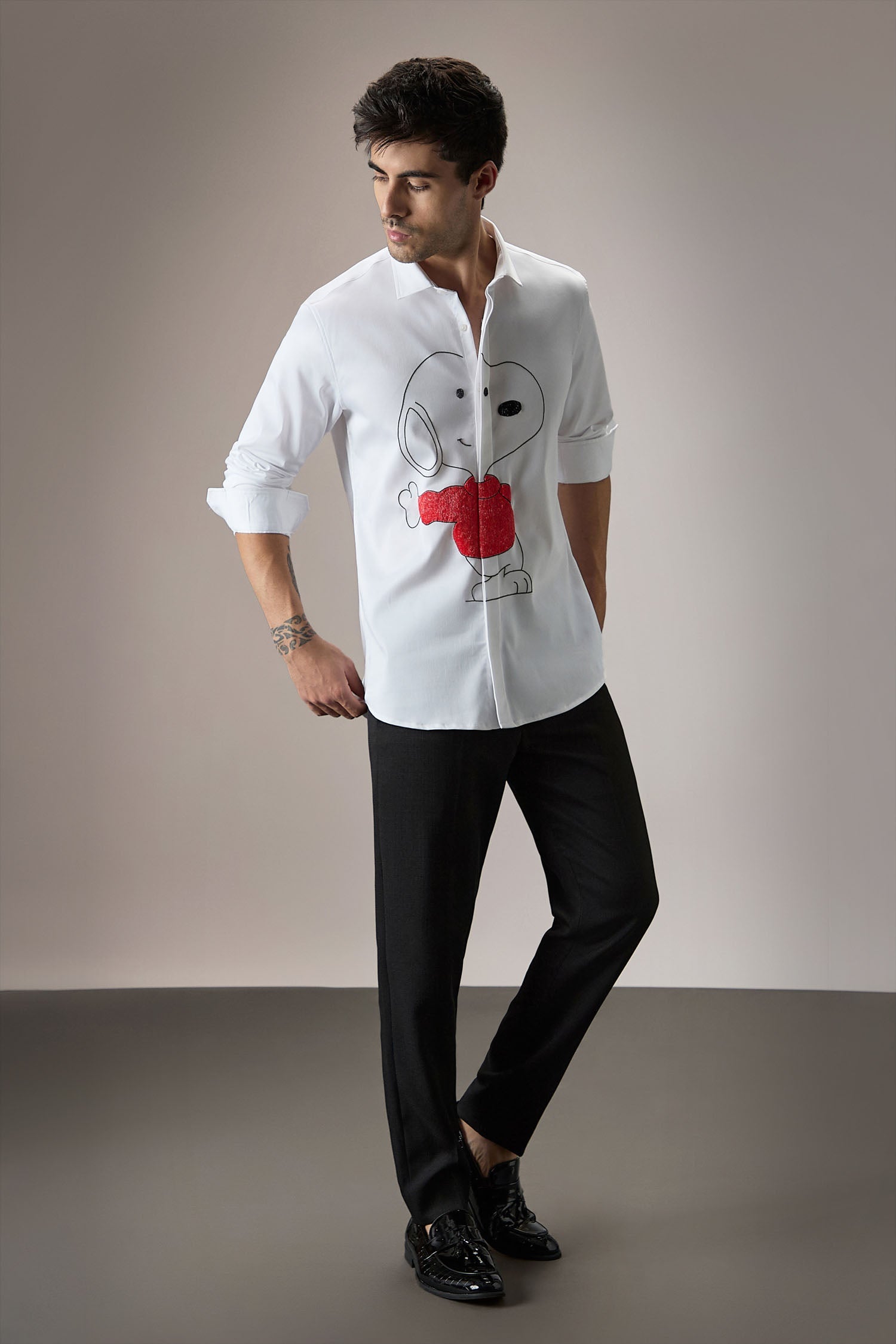 Snoopy Hand Embroidered Designer Shirt - White