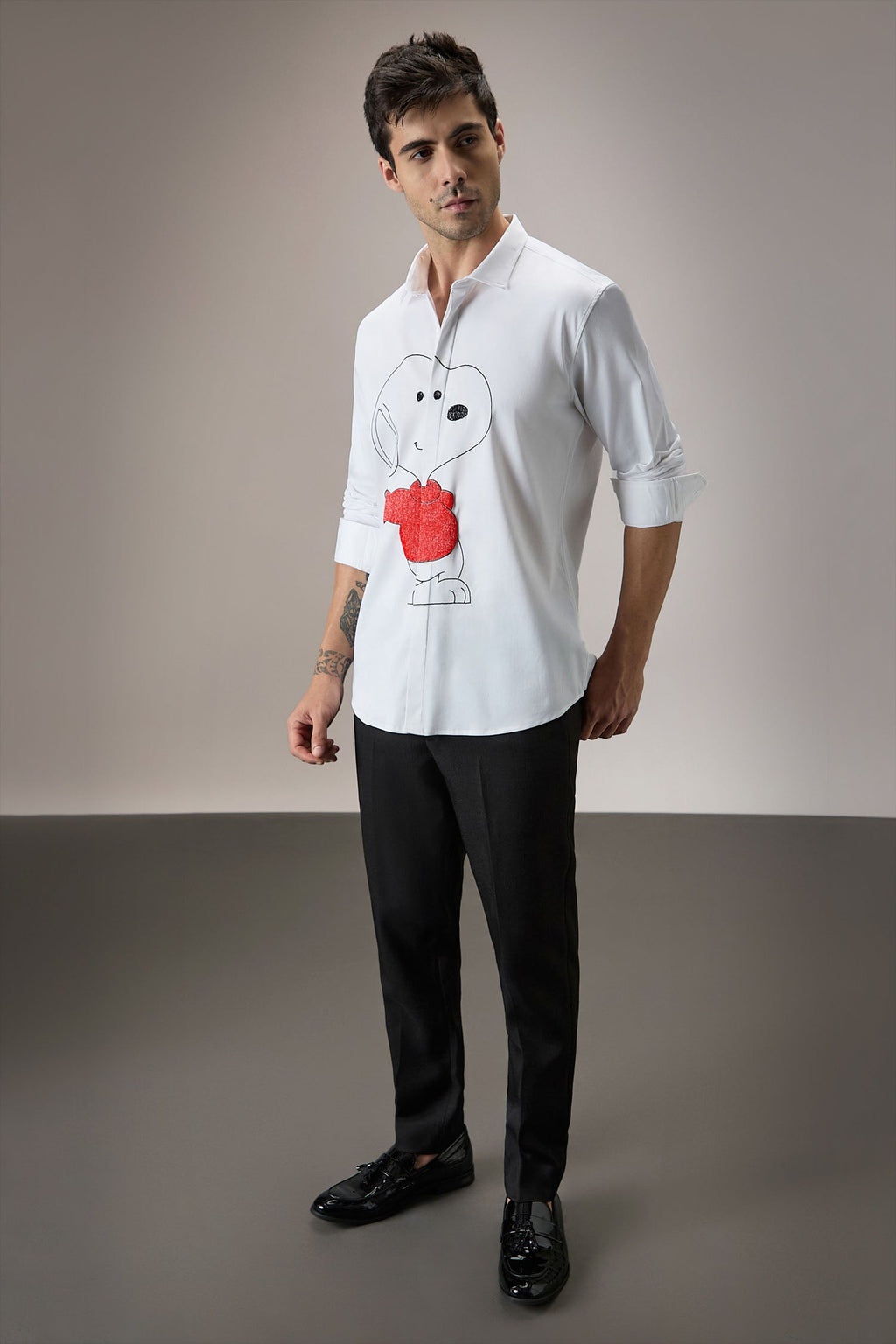 Snoopy Hand Embroidered Designer Shirt - White