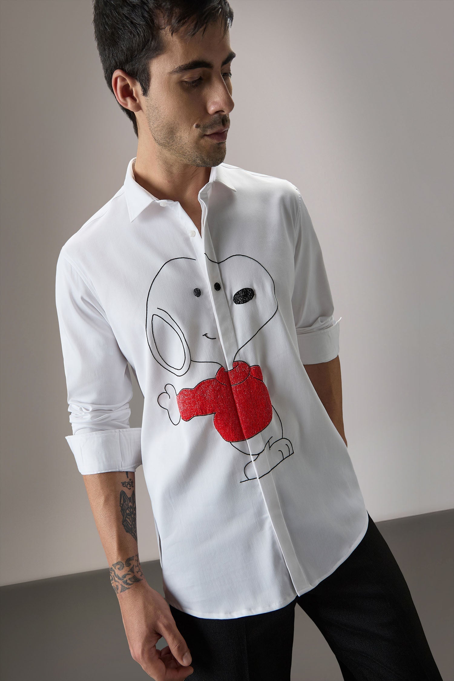 Snoopy Hand Embroidered Designer Shirt - White