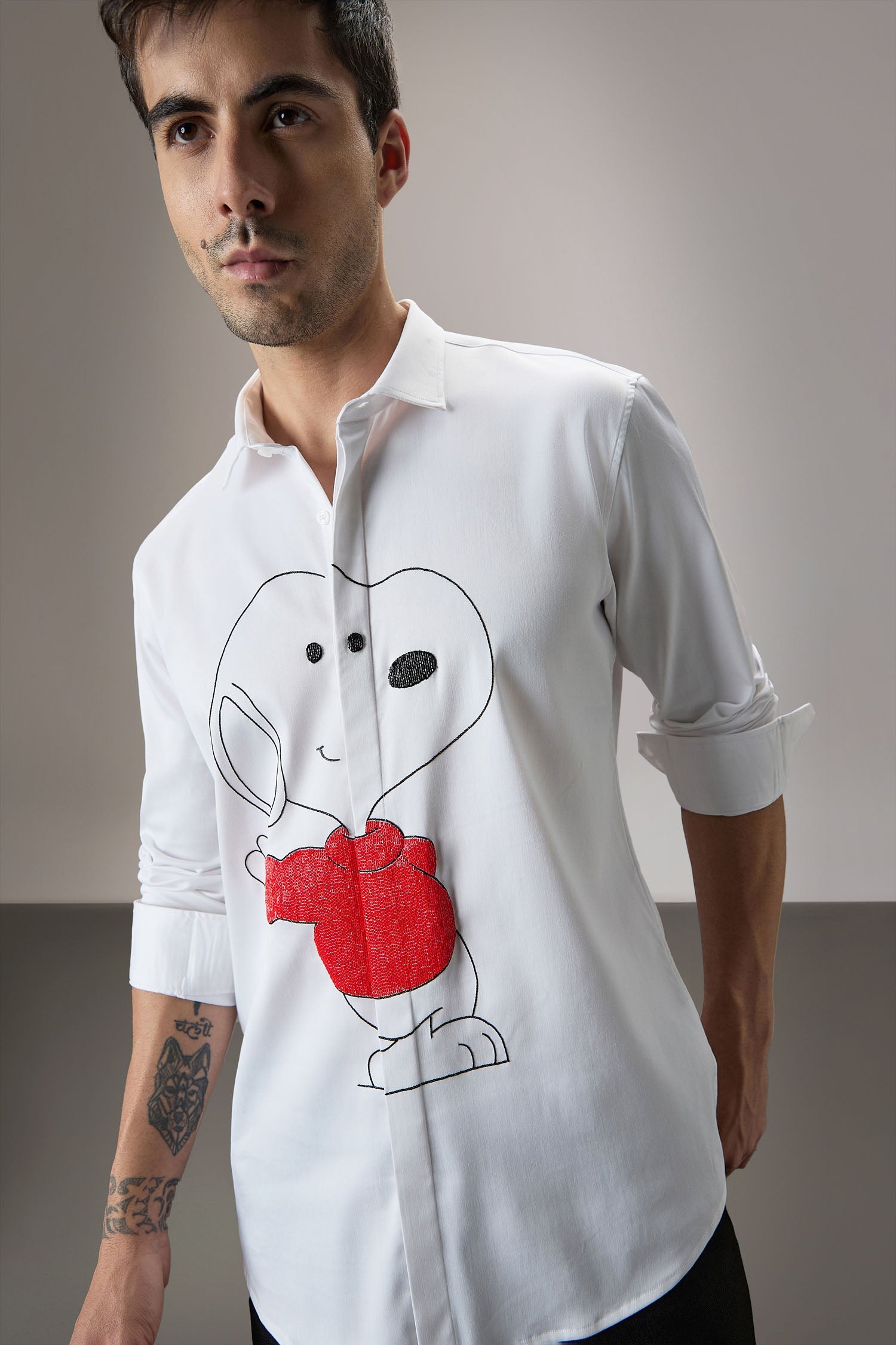 Snoopy Hand Embroidered Designer Shirt - White