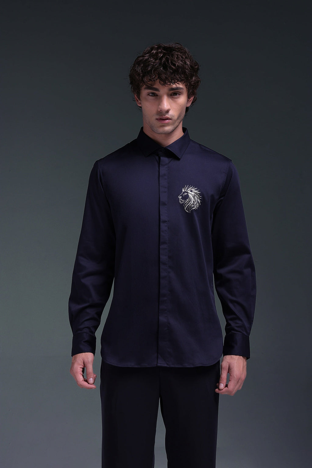 Leo(Lion) - Hand Embroidered Designer Shirt - Navy