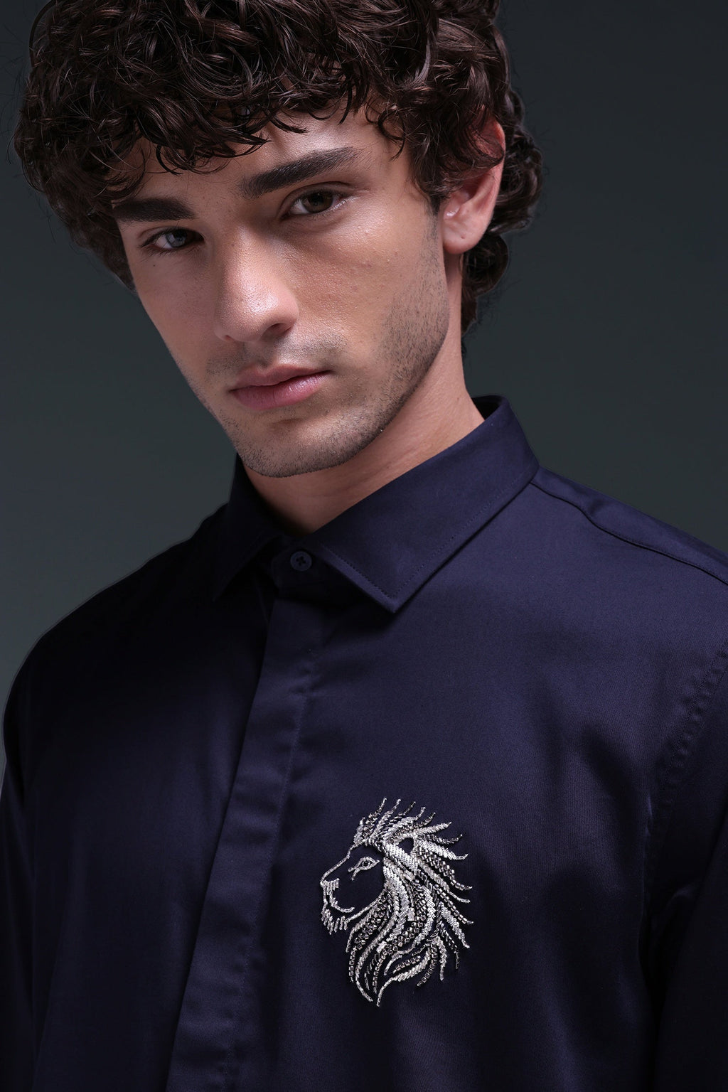 Leo(Lion) - Hand Embroidered Designer Shirt - Navy