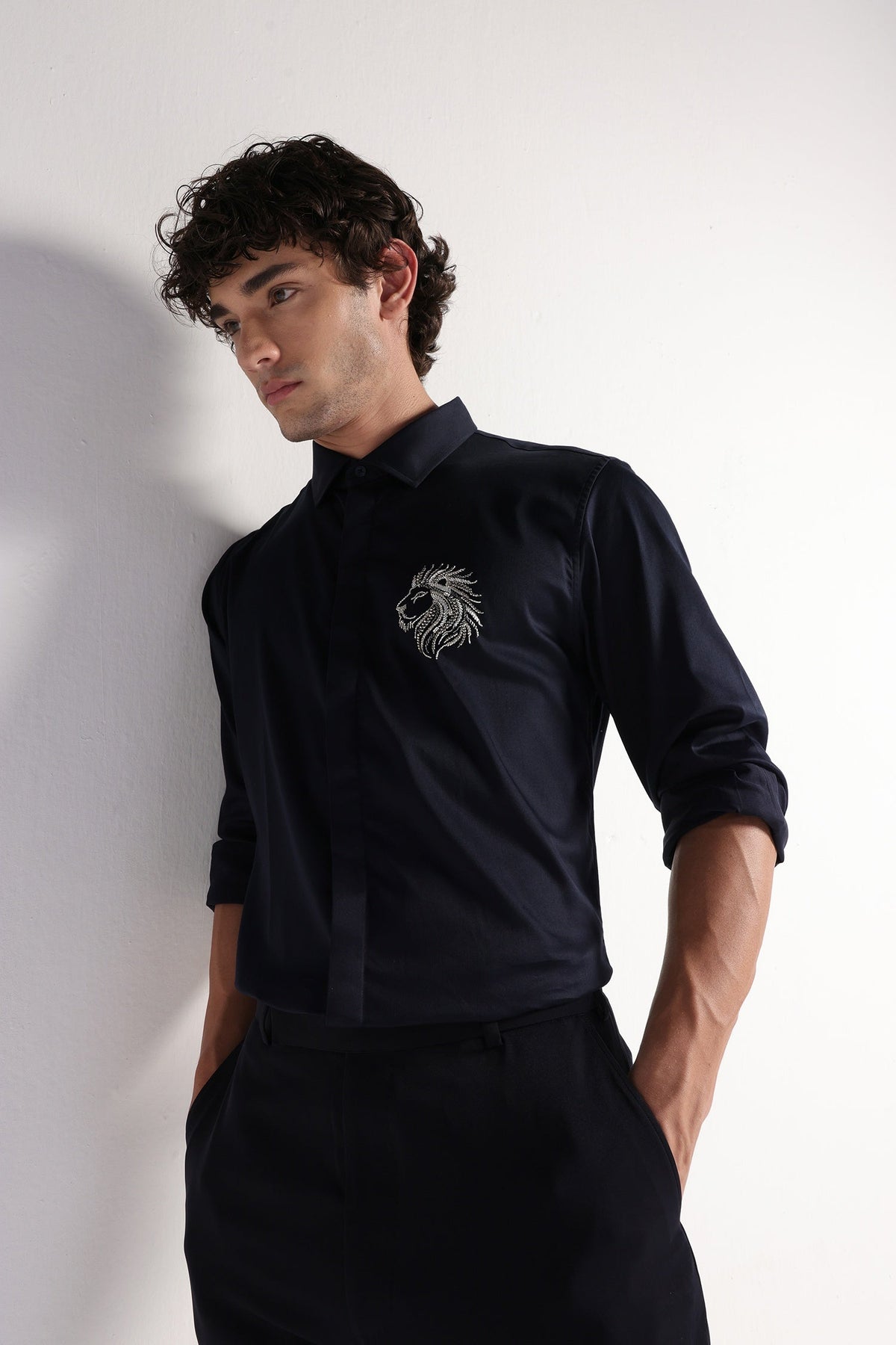 Leo(Lion) - Hand Embroidered Designer Shirt - Navy