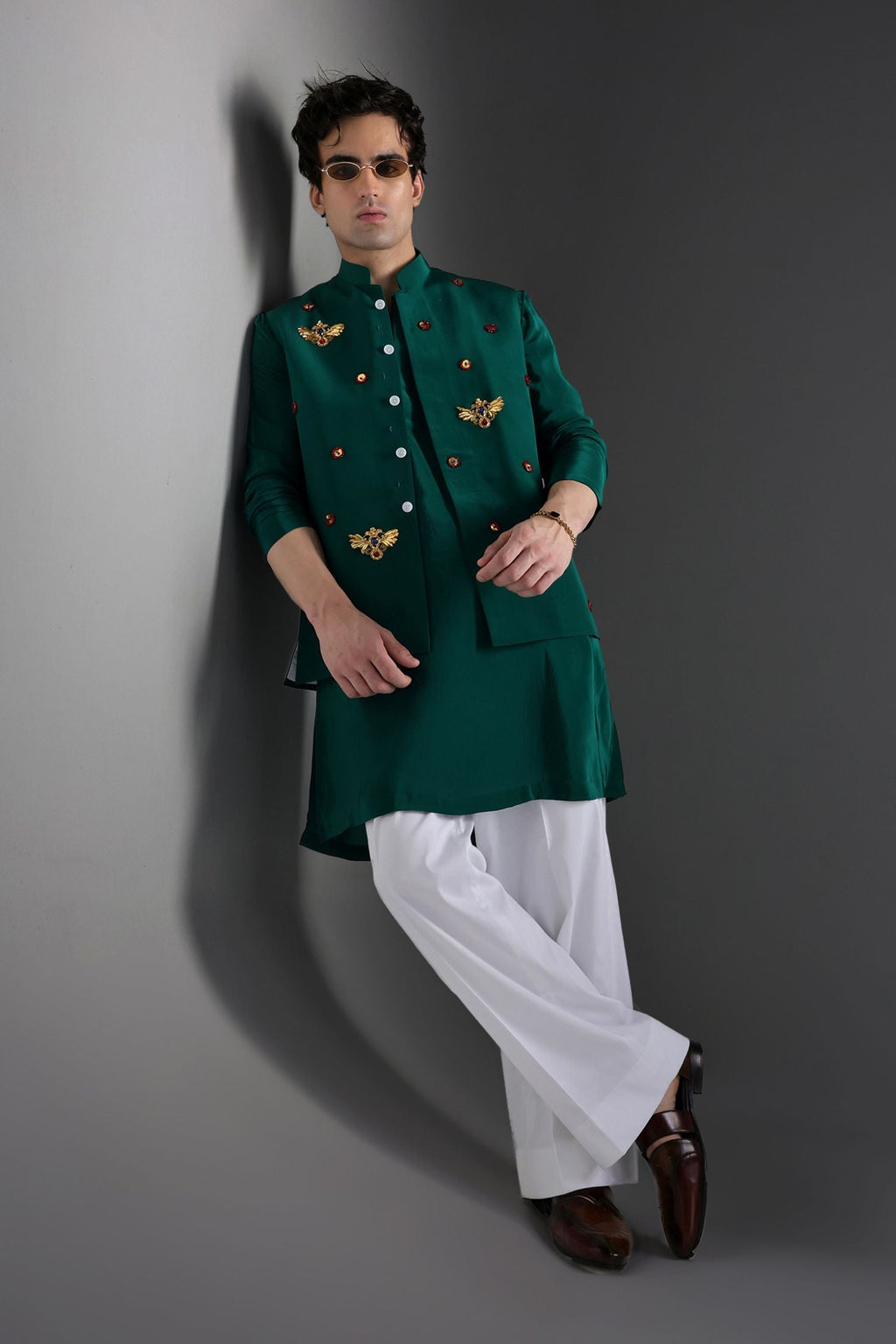 Glory(Bird) - Hand Embroidered Designer Bundi With Kurta - Bottle Green
