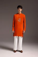 Paisfeather(Paisely) - Hand Embroidered Designer Kurta - Rust Orange