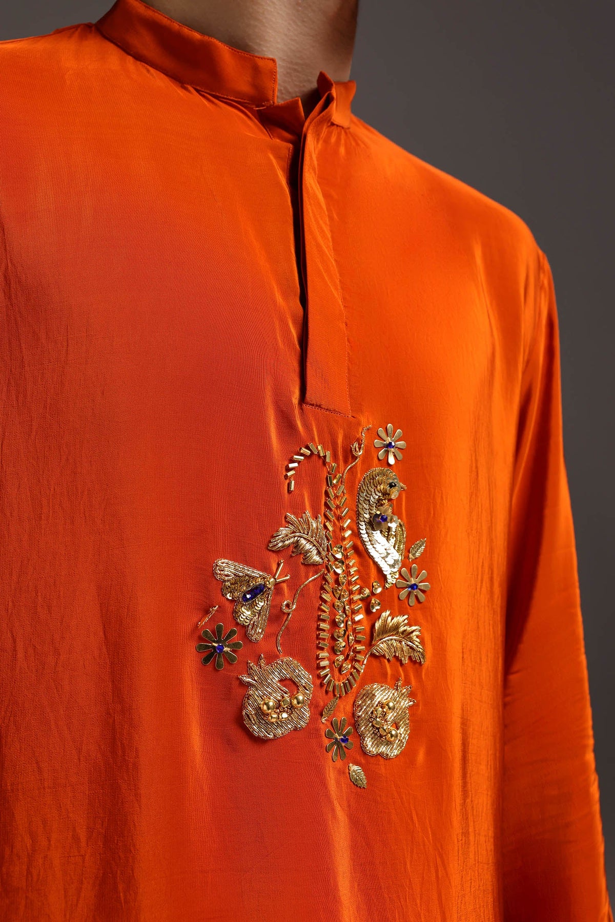 Paisfeather(Paisely) - Hand Embroidered Designer Kurta - Rust Orange