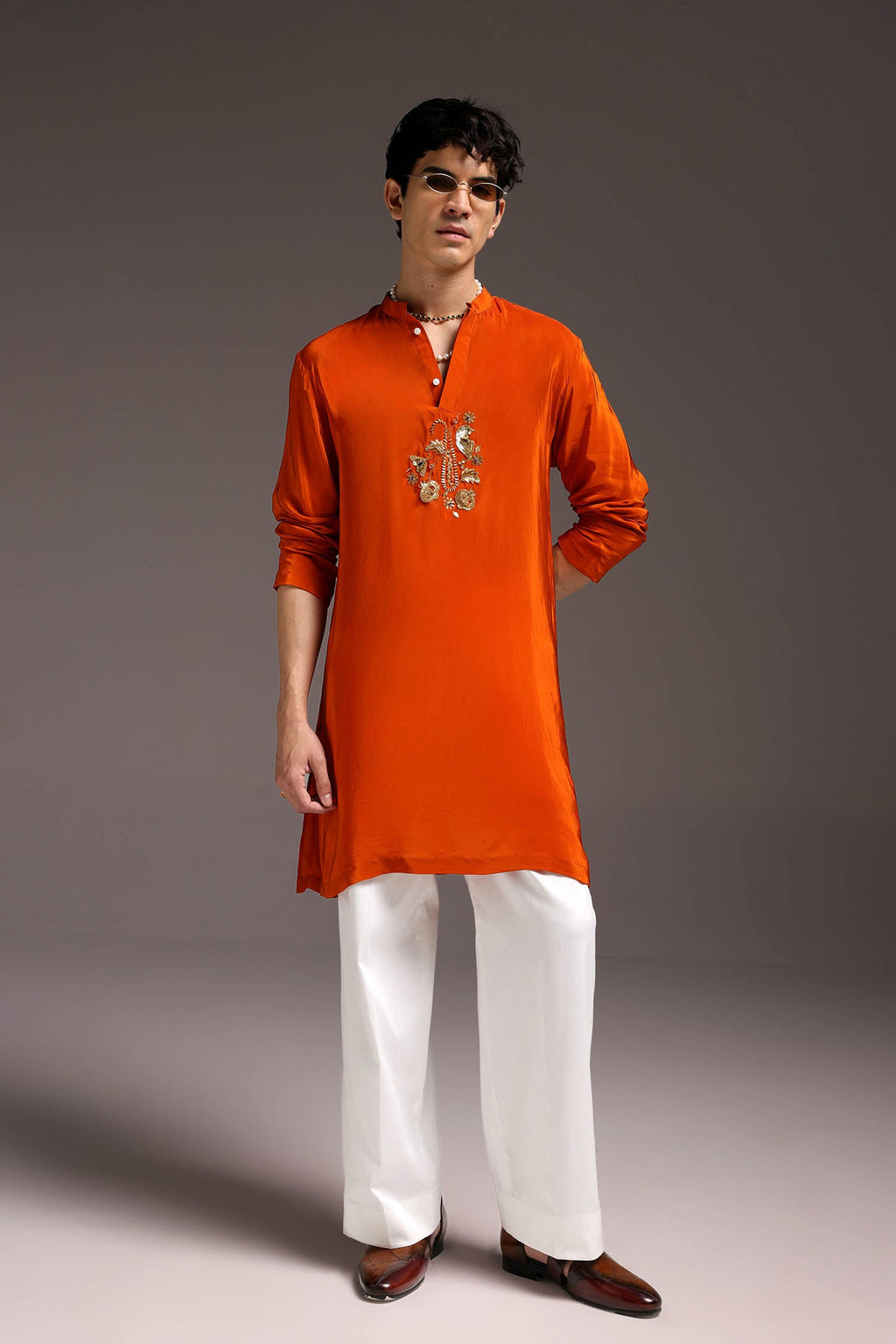 Paisfeather(Paisely) - Hand Embroidered Designer Kurta - Rust Orange