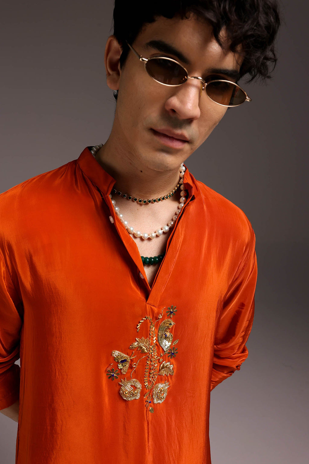 Paisfeather(Paisely) - Hand Embroidered Designer Kurta - Rust Orange