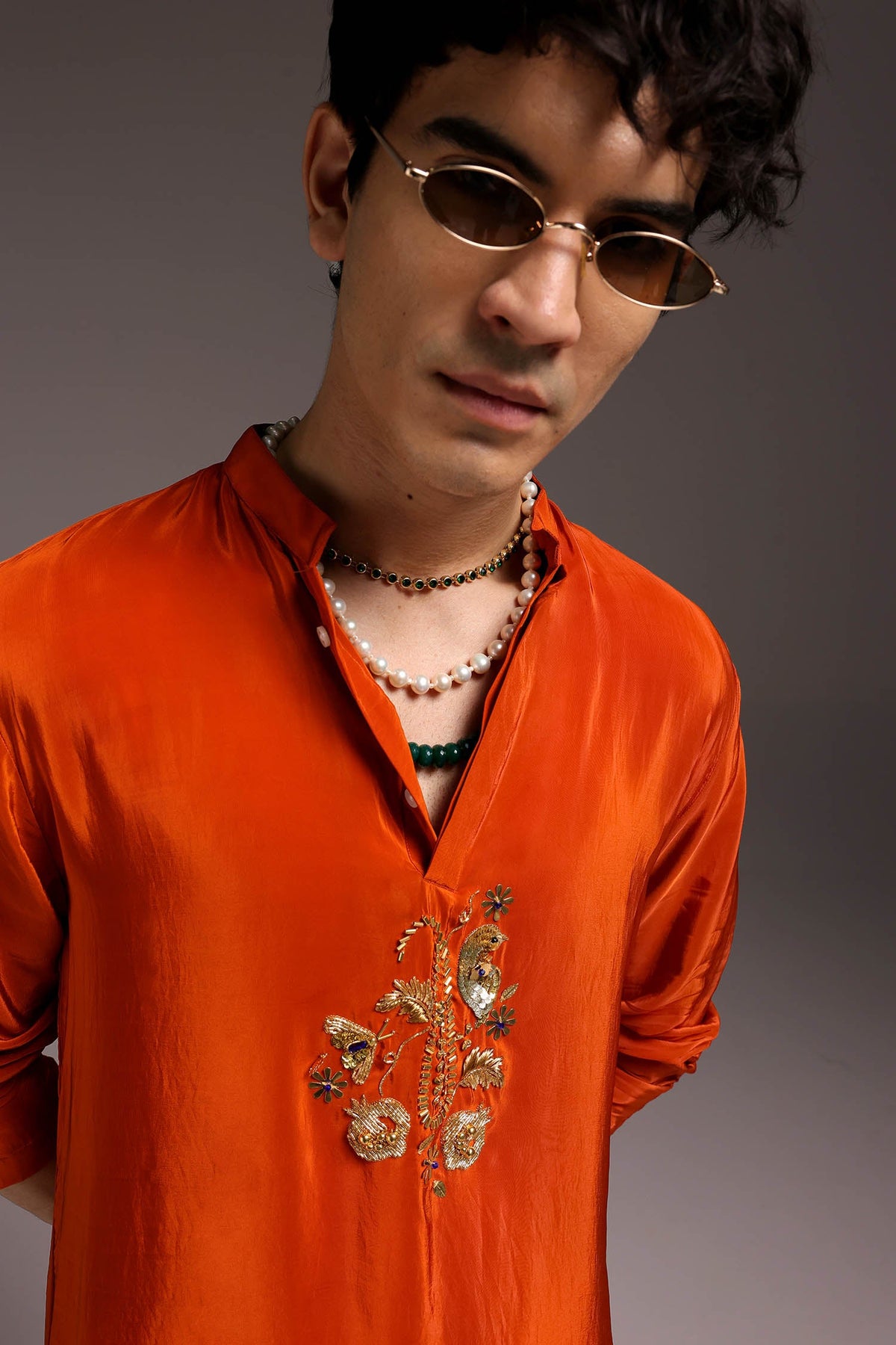 Paisfeather(Paisely) - Hand Embroidered Designer Kurta - Rust Orange