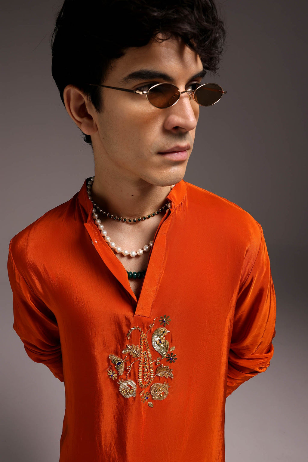 Paisfeather(Paisely) - Hand Embroidered Designer Kurta - Rust Orange