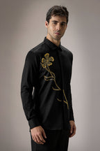 Long Flower Hand Embroidered Designer Shirt - Black