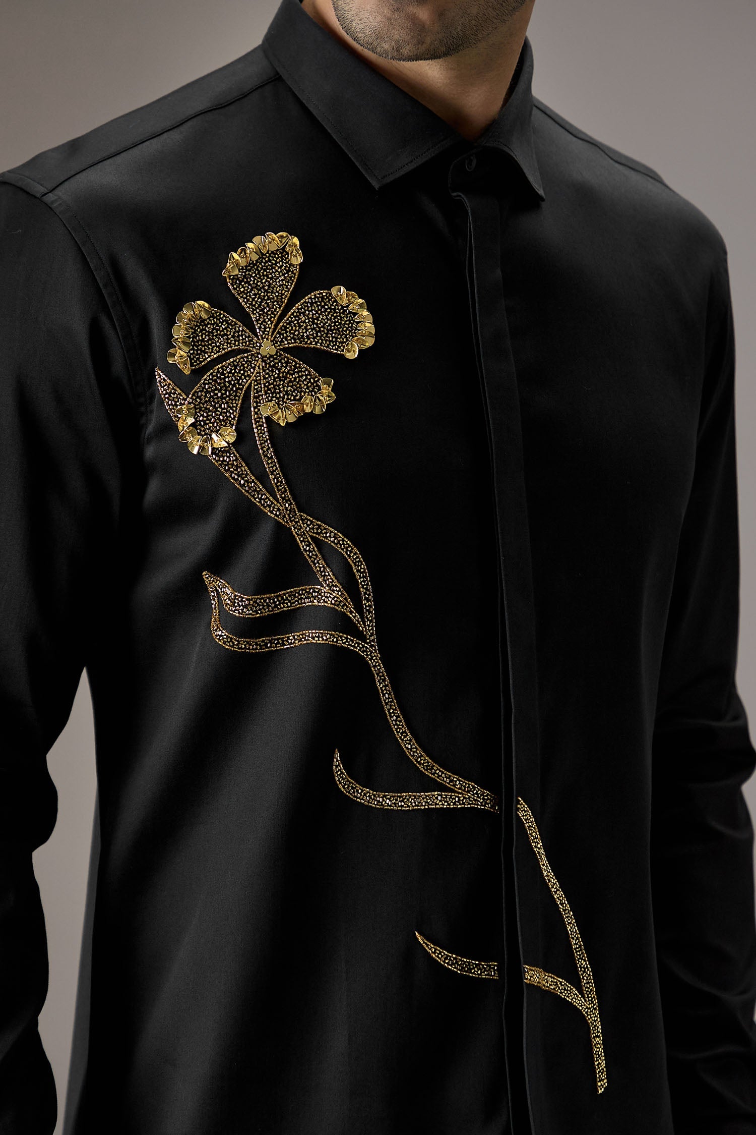 Long Flower Hand Embroidered Designer Shirt - Black