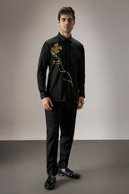 Long Flower Hand Embroidered Designer Shirt - Black