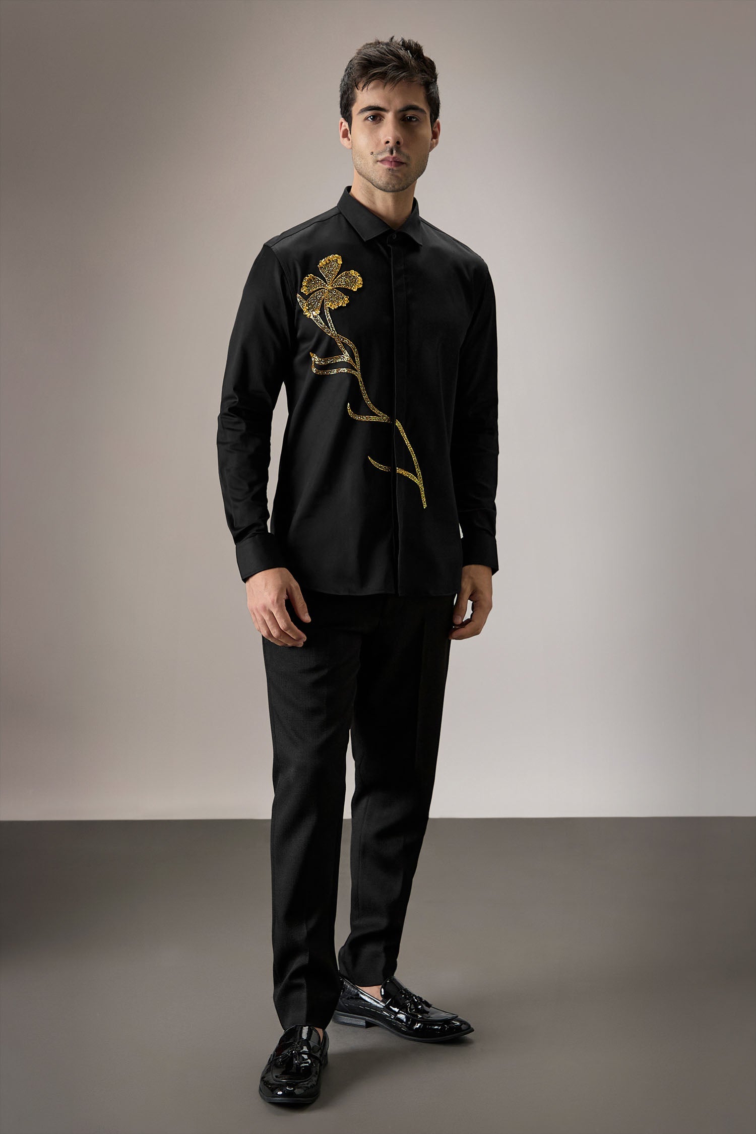 Long Flower Hand Embroidered Designer Shirt - Black