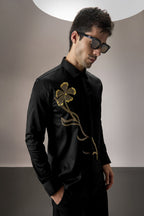 Long Flower Hand Embroidered Designer Shirt - Black