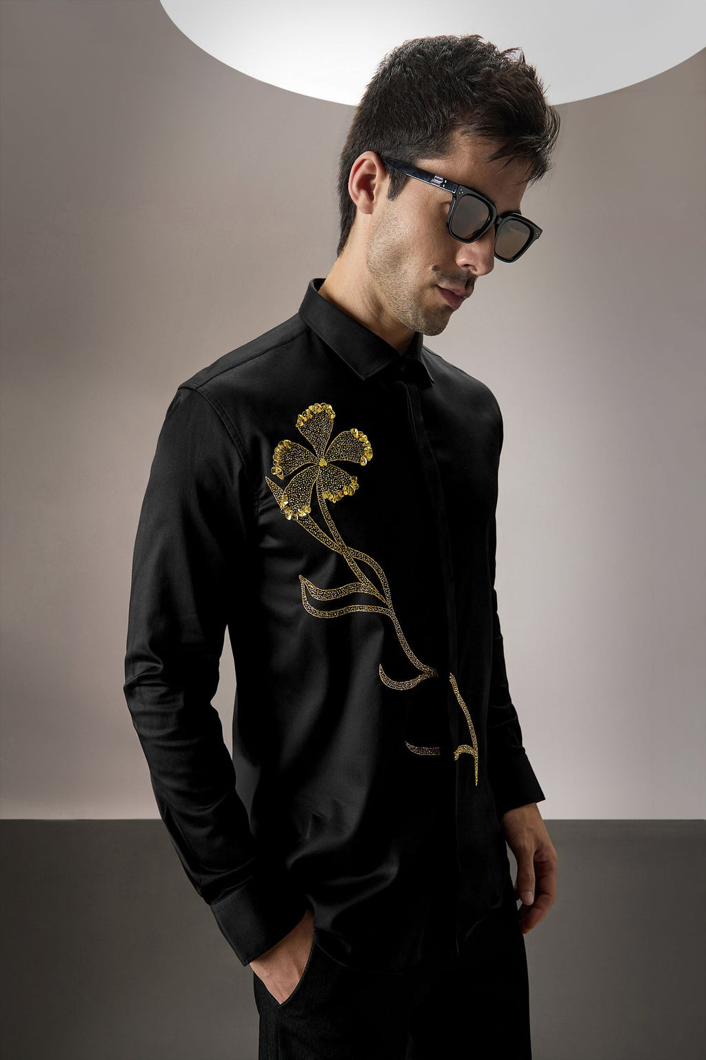 Long Flower Hand Embroidered Designer Shirt - Black