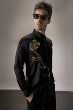 Long Flower Hand Embroidered Designer Shirt - Black