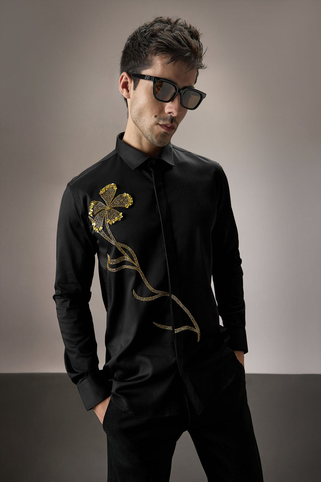 Long Flower Hand Embroidered Designer Shirt - Black
