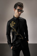 Long Flower Hand Embroidered Designer Shirt - Black