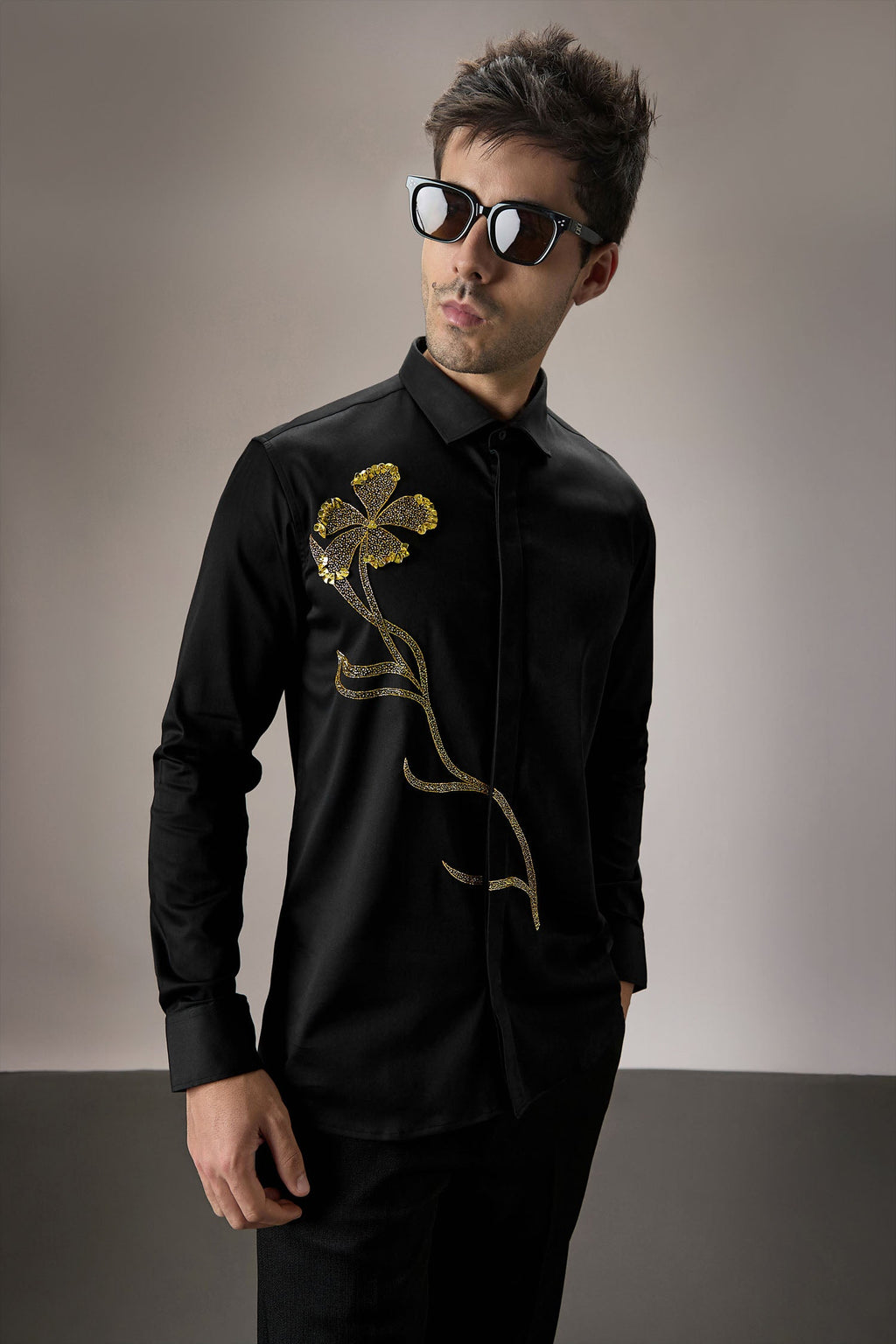 Long Flower Hand Embroidered Designer Shirt - Black