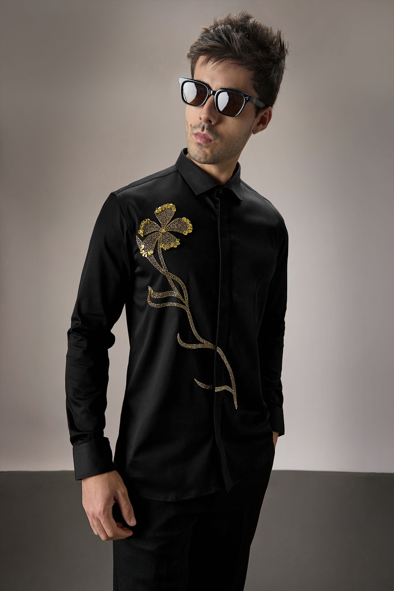 Long Flower Hand Embroidered Designer Shirt - Black