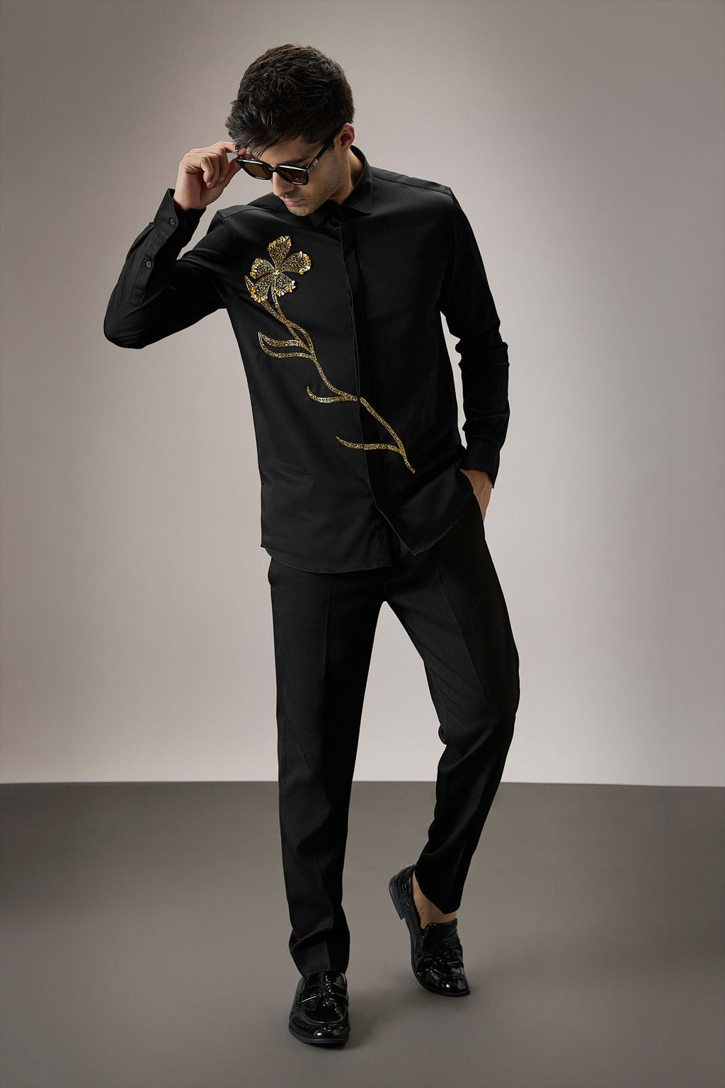 Long Flower Hand Embroidered Designer Shirt - Black
