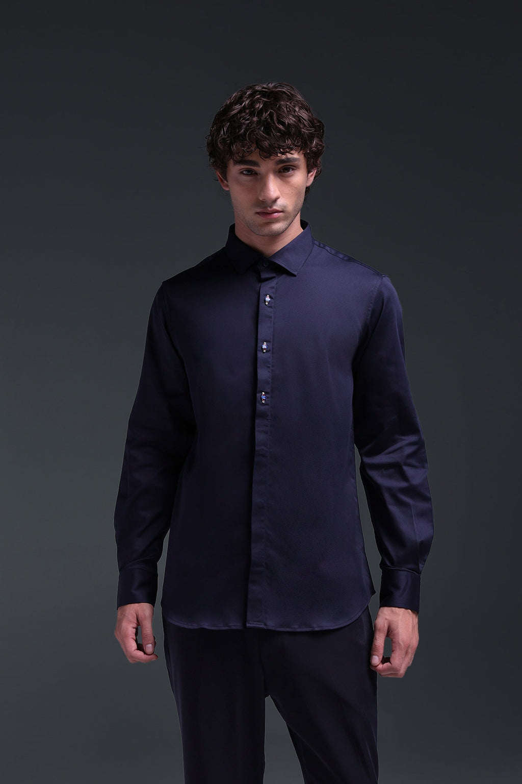 Maeri (Rhinestone) - Hand Embroidered Designer Shirt - Navy