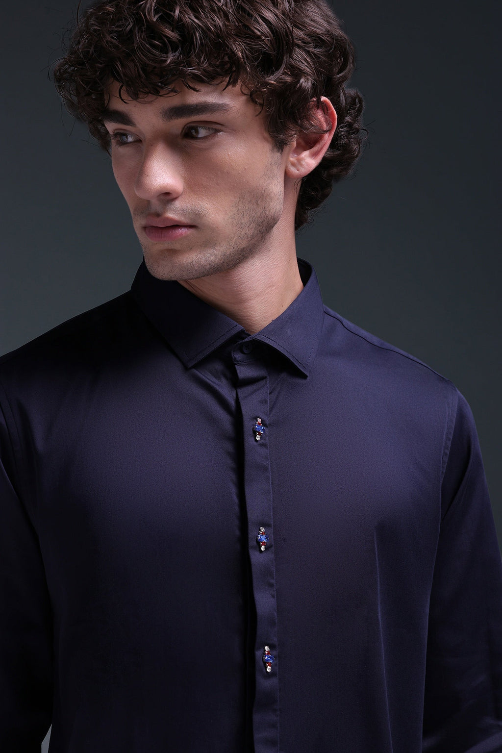 Maeri (Rhinestone) - Hand Embroidered Designer Shirt - Navy