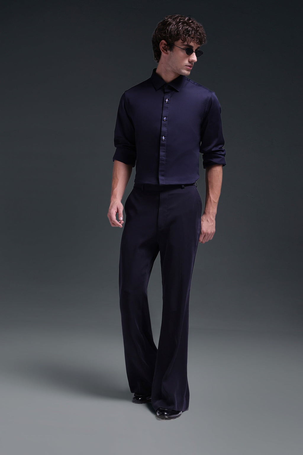 Maeri (Rhinestone) - Hand Embroidered Designer Shirt - Navy