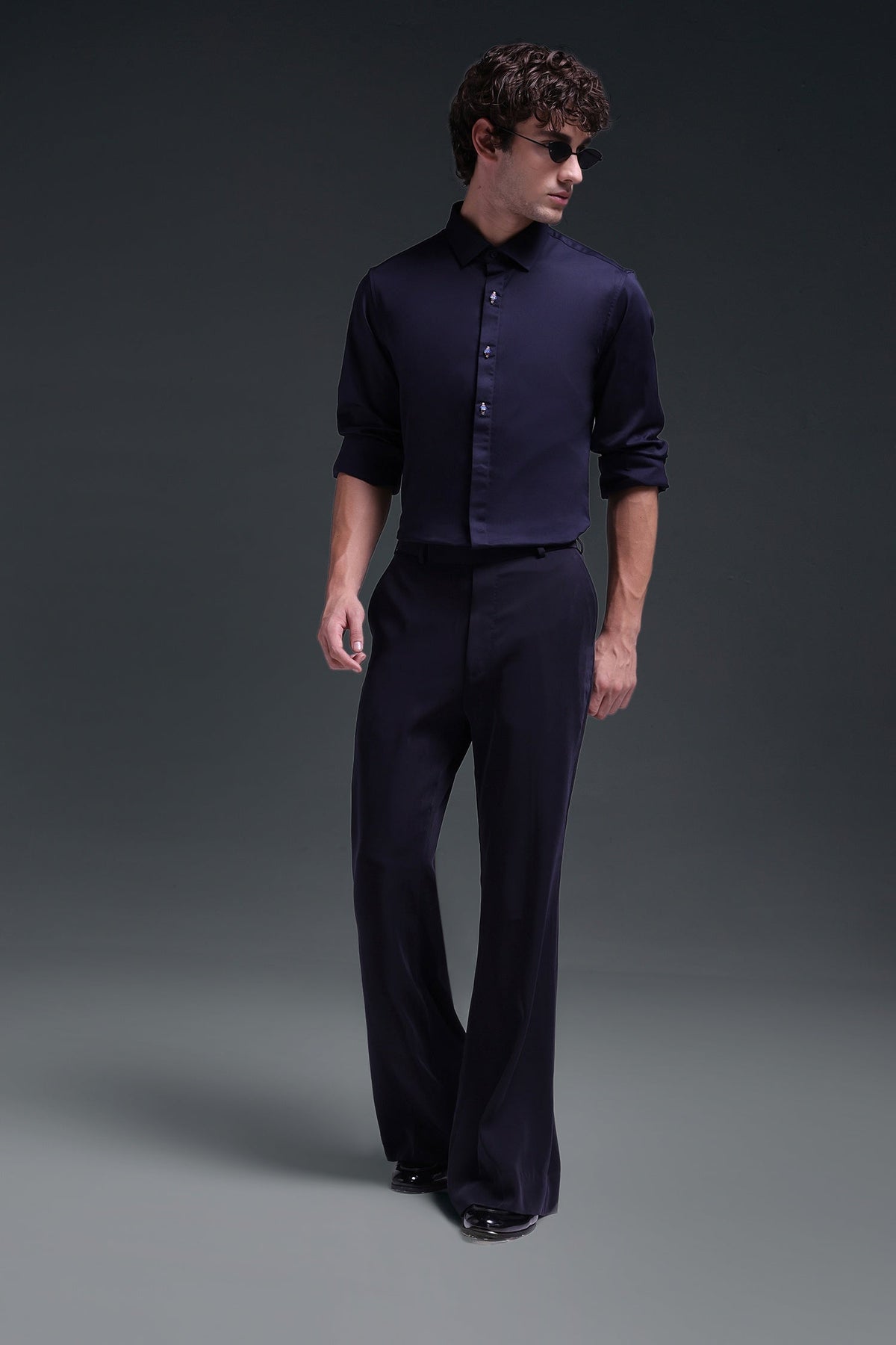 Maeri (Rhinestone) - Hand Embroidered Designer Shirt - Navy