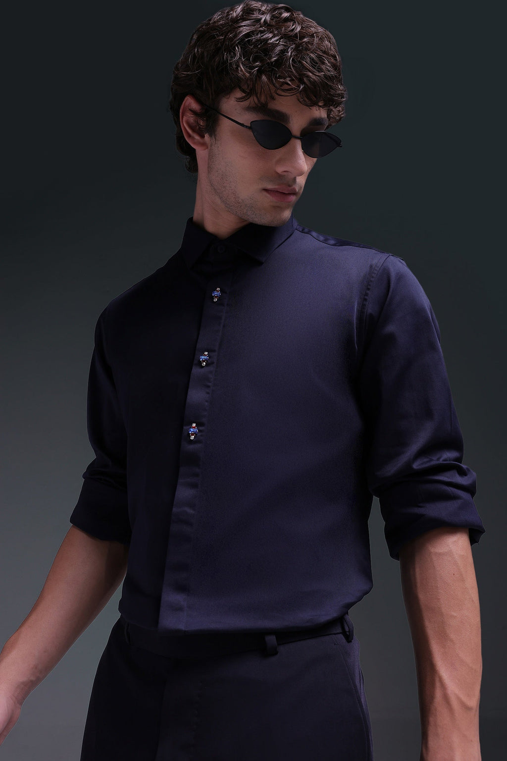 Maeri (Rhinestone) - Hand Embroidered Designer Shirt - Navy