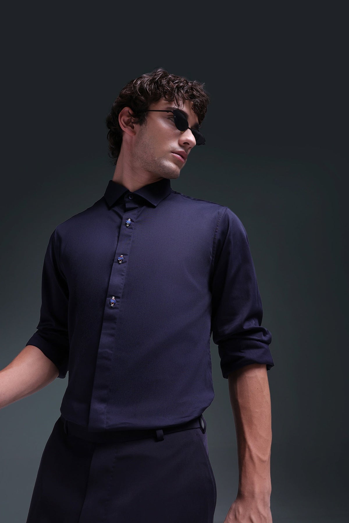 Maeri (Rhinestone) - Hand Embroidered Designer Shirt - Navy