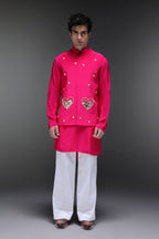 Amour(Mirror Work) - Hand Embroidered Designer Bundi With Kurta - Hot Pink