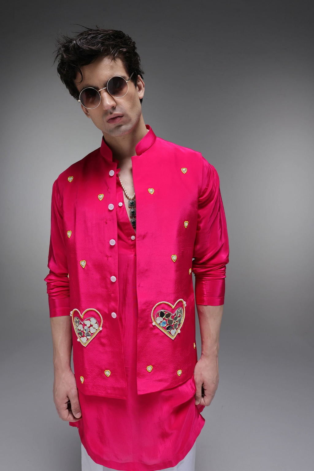 Amour(Mirror Work) - Hand Embroidered Designer Bundi With Kurta - Hot Pink