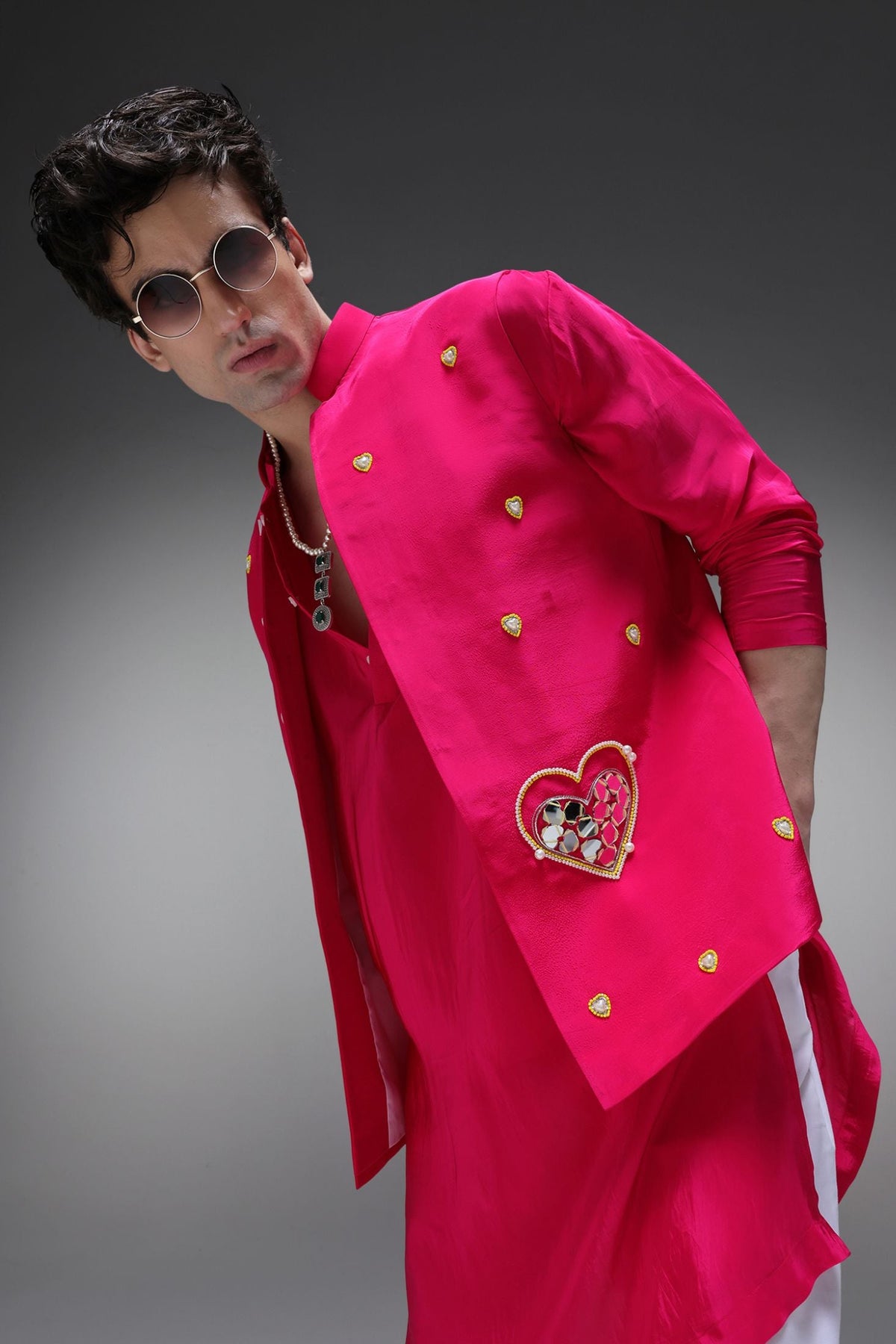 Amour(Mirror Work) - Hand Embroidered Designer Bundi With Kurta - Hot Pink
