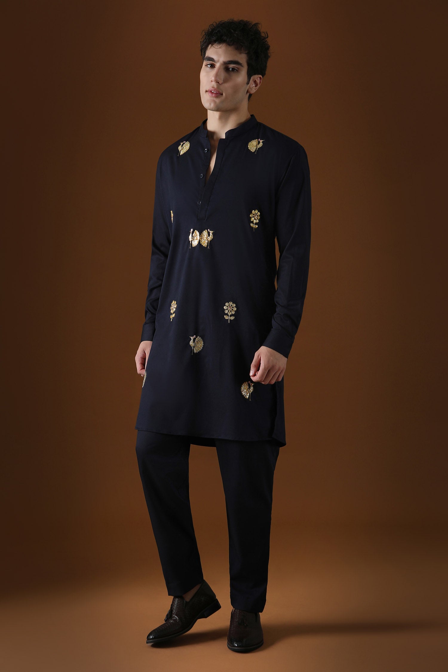 Peacock Hand Embroidered Designer Kurta - Navy