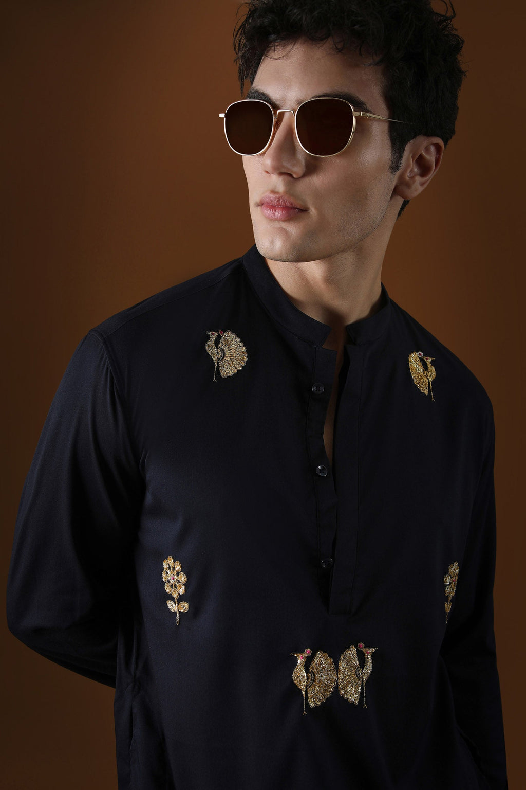 Peacock Hand Embroidered Designer Kurta - Navy